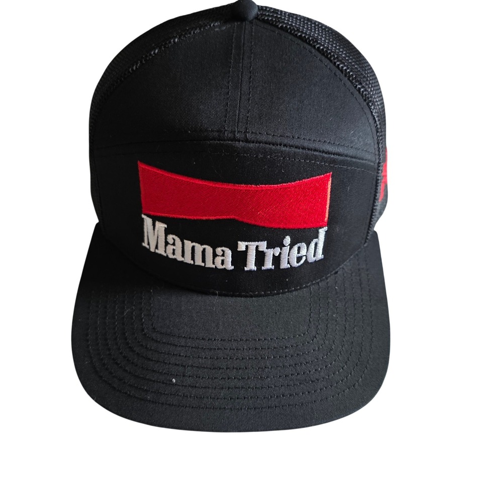 Mad Hatter Co Merle Haggard Mama Tried Trucker Hat Snapback Black Red 7 Panel